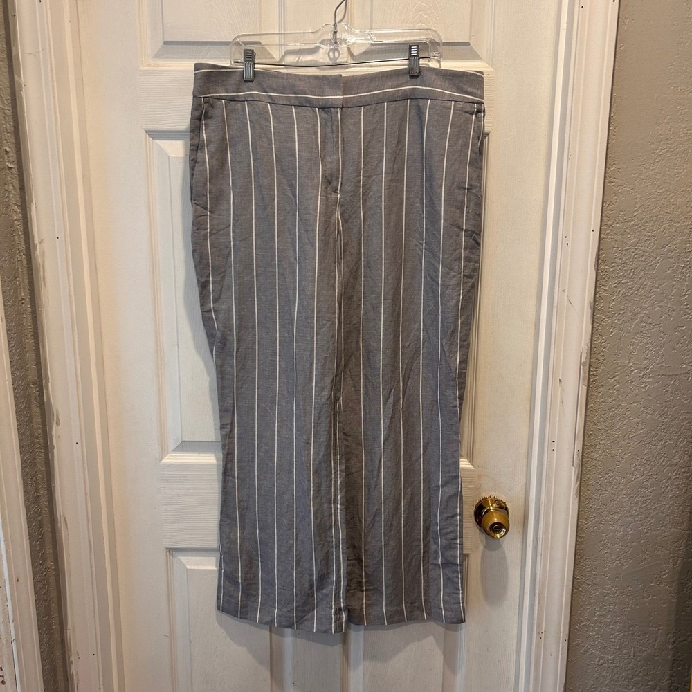 LOFT Linen Wide Leg Pants Womens 14 Gray White Stripe NWT Lightweight Summer‎